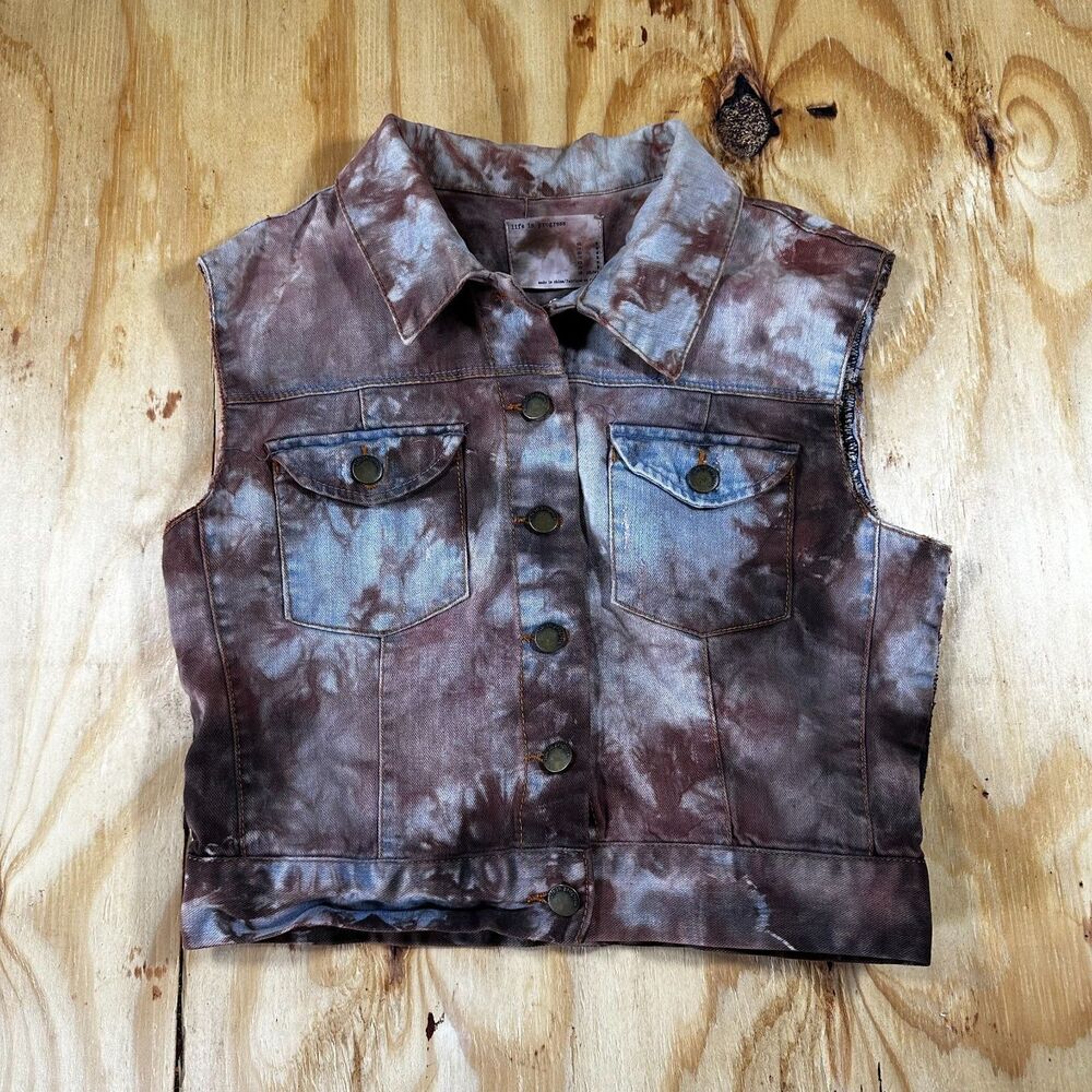 Life In Progress Acid Wash Southwestern Mixed Media Denim Vest - Size M